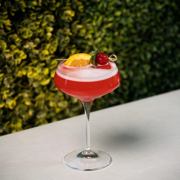 A vibrant red cocktail with a foamy top, garnished with an orange slice and cherry, against a green foliage background.