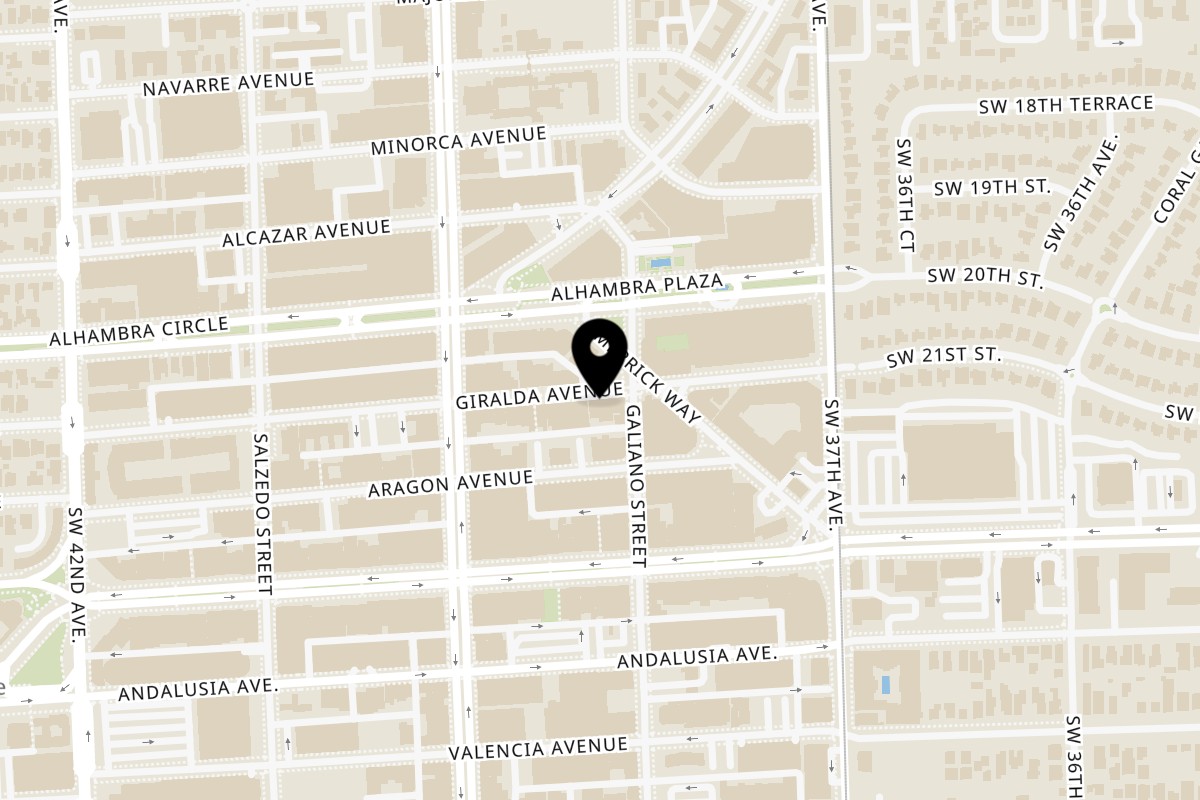 Map showing the location of Aromas del Peru Coral Gables on 110 Giralda ave in Coral Gables