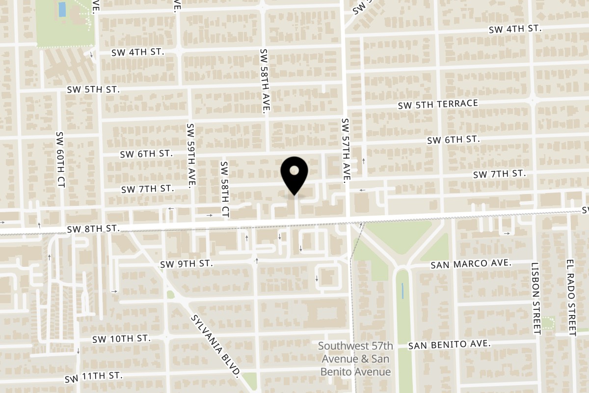 Map showing the location of Aromas del Peru West Miami on 5757 SW 8th St in West Miami